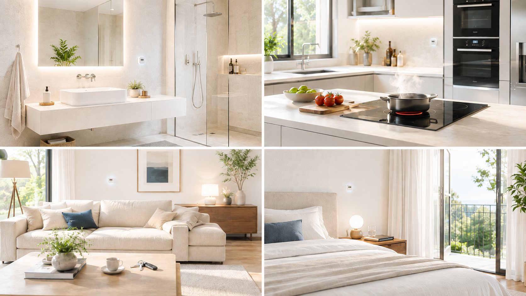 LumiHome in a bathroom, a kitchen, a living room and a bedroom.